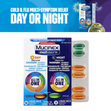 Mucinex, Fast-Max สูตรกลางวันและกลางคืนสำหรับลดอาการไม่สบายต่างๆได้ถึง 9 อาการ สูตรเข้มข้นสูงสุด สำหรับเด็กอายุ 12 ปีขึ้นไป 24 แคปซูล