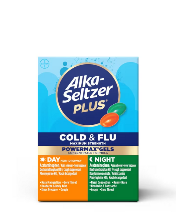 🌞🌙 ป่วยเมื่อไหร่…ก็ไม่พลาดทุกจังหวะของชีวิต! Alka-Seltzer Plus® Cold & Flu PowerMax® Gels Day & Night (24 เม็ด)