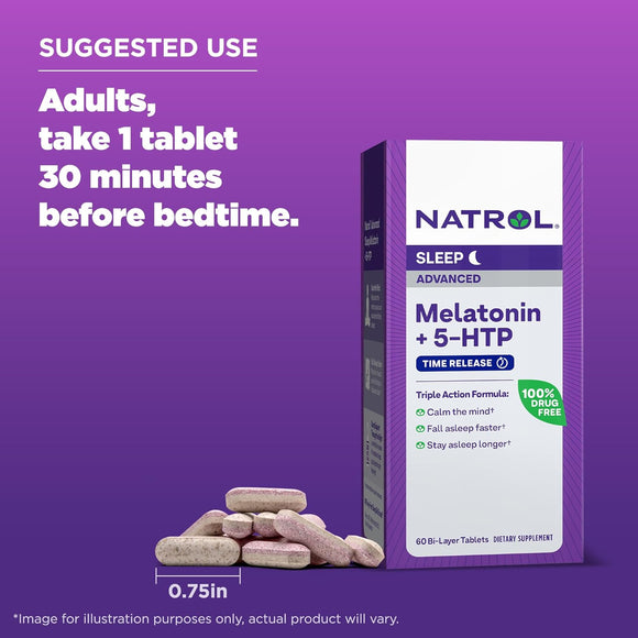 Natrol Melatonin + 5 HTP Advanced Sleep 60 เม็ด สูตรใหม่ หลับง่าย ยาวและผ่อนคลาย