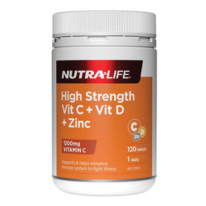 Nutra-Life High Strength Vit C + Vit D + Zinc ผสมผสานกันใน 1 เม็ด เพื่อดูแลปกป้องร่างกายให้ห่างไกลโรคภัย (120 เม็ด กระปุกใหญ่)