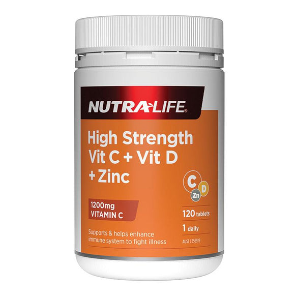 Nutra-Life High Strength Vit C + Vit D + Zinc ผสมผสานกันใน 1 เม็ด เพื่อดูแลปกป้องร่างกายให้ห่างไกลโรคภัย (120 เม็ด กระปุกใหญ่)